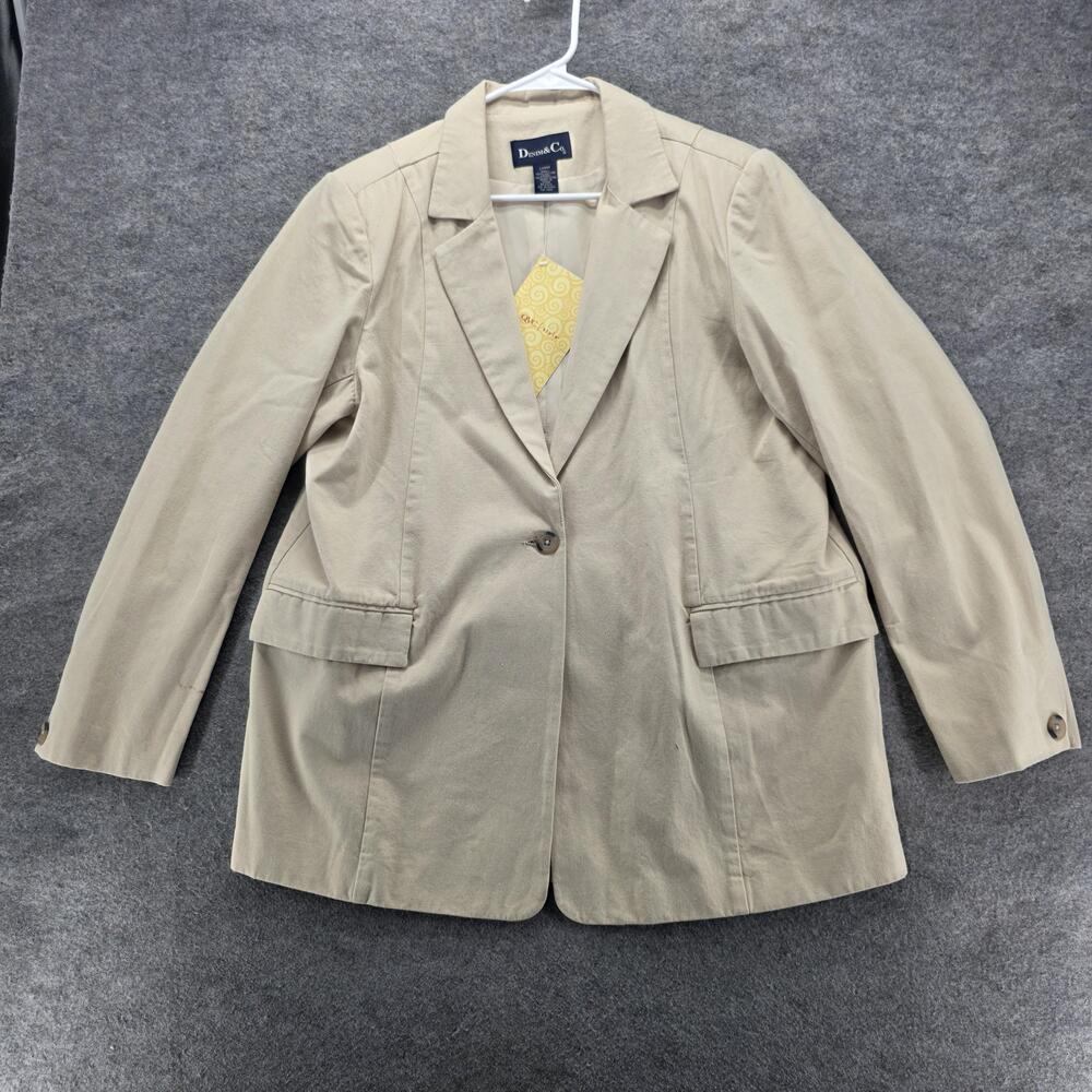 Denim & Co Blazer Womens Large Beige Khaki Cotton One Button Lined QVC Style